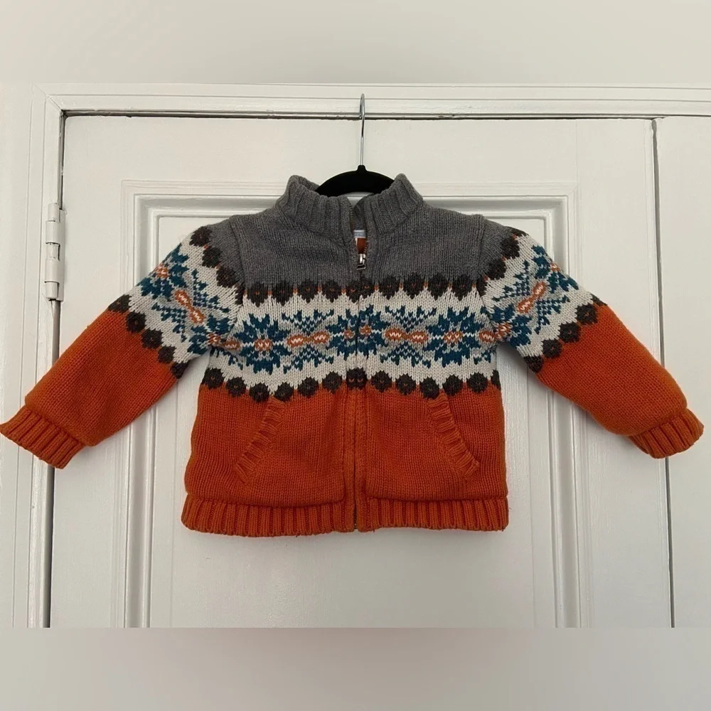 Janie And Jack Wool Cotton Blend Kids Knit Sweater Jacket Orange Gray Blue - Picture 1 of 14